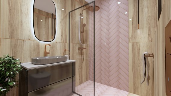 Łazienka w drewnie z różowymi kafelkami (4)