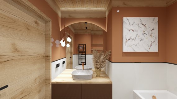 Łazienka w kolorze terakoty z drewnianym sufitem - wizualizacja łazienki Salon HOFF (1)