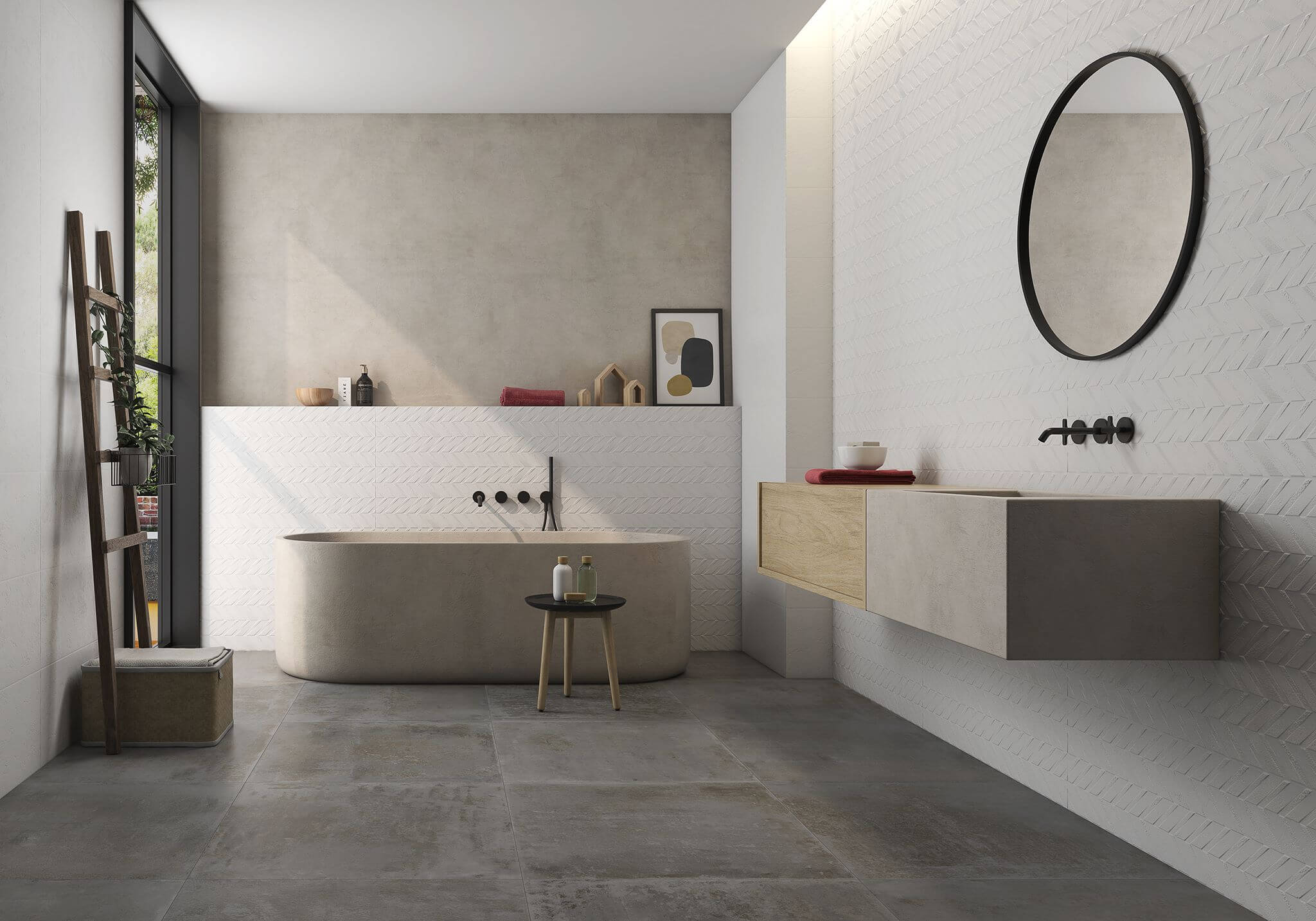 Białe płytki strukturalne do łazienki w stylu nowoczesnym 