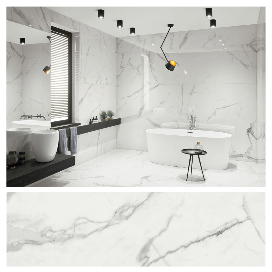 Jasna łazienka – biały marmur typu calacatta z kolekcji Pietrasanta od Tubądzin. SALON HOFF