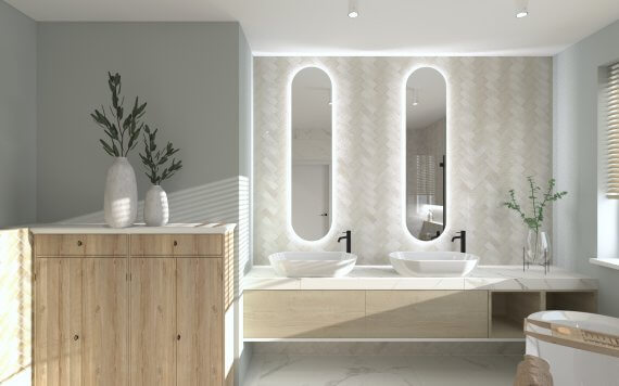 Jasnokremowa łazienka z drewnem - wizualizacja 3D Hoff