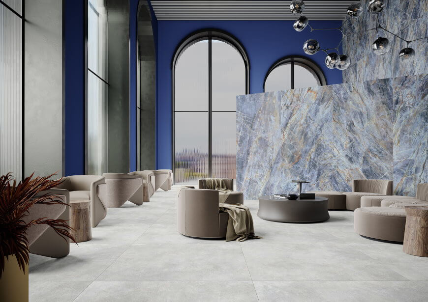 Niebieskie płytki imitujące kwarcyt Brazilian Quartzite Blue Cerrad La Mania Home Salon HOFF płytki