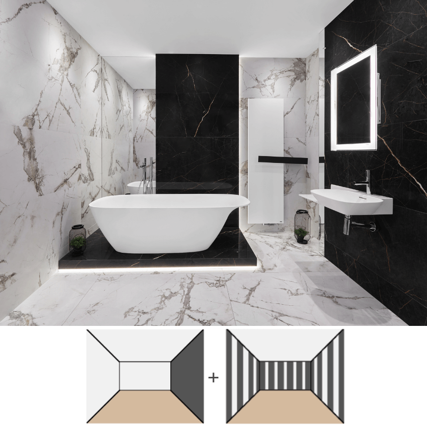 Optyczne podwyższenie łazienki i podkreślenie ściany - triki z czarno-białymi płytkami - Salon HOFF