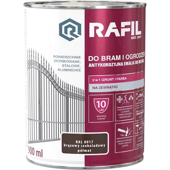 Farba Do Bram i Ogrodzeń Rafil Brąz Czekoladowy Półmat 0.9L RAL 8017 Rafil