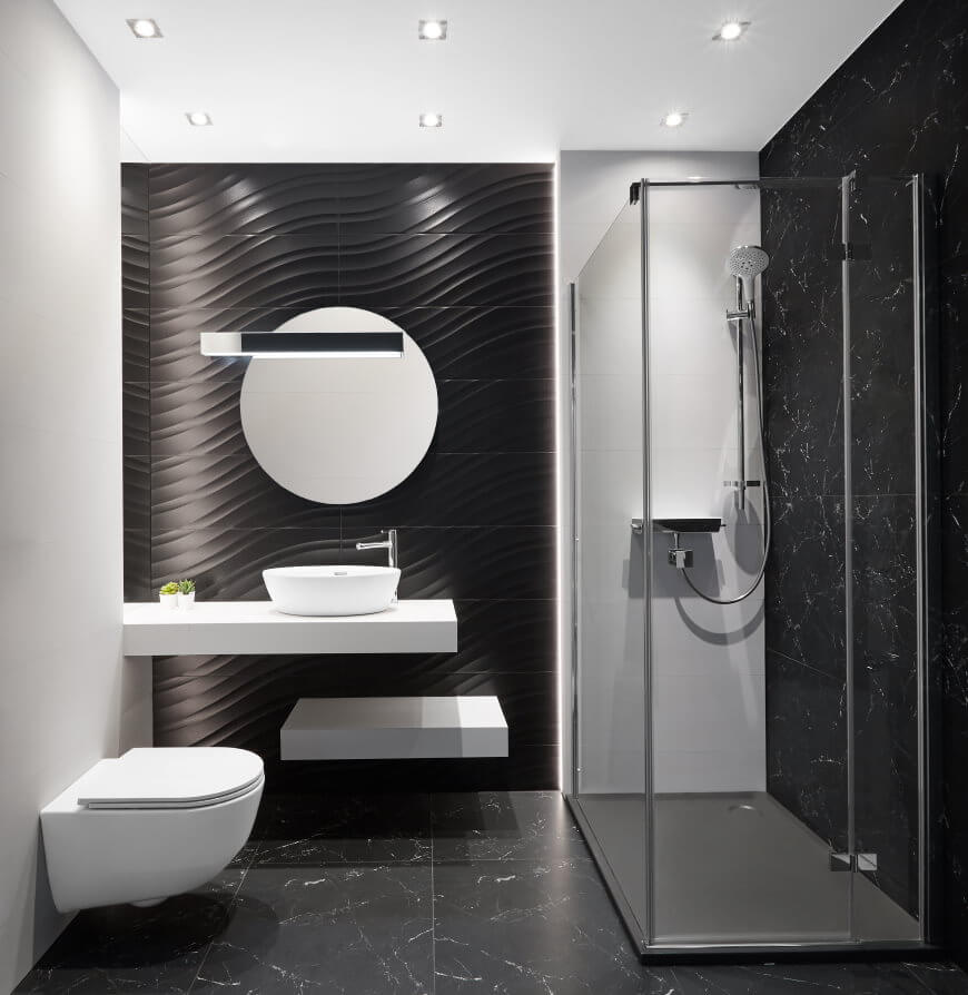 triki optyczne w czarno-białej łazience - Salon HOFF - płytki marmurowe