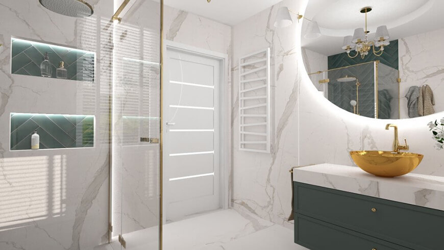 projekt łazienki marmury i zielone płytki Salon Hoff