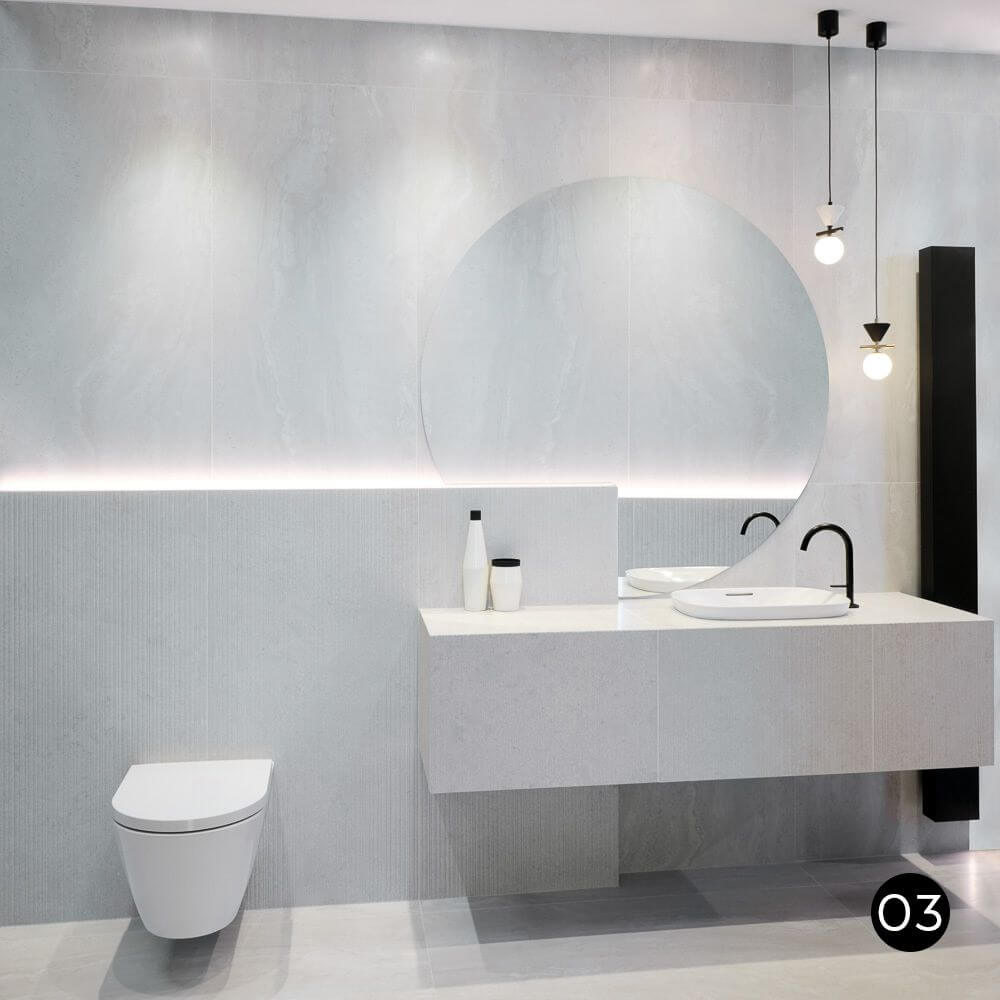 Łazienka w chłodnych odcieniach z płytkami Authentic Lux Stone Montpellier Cannete