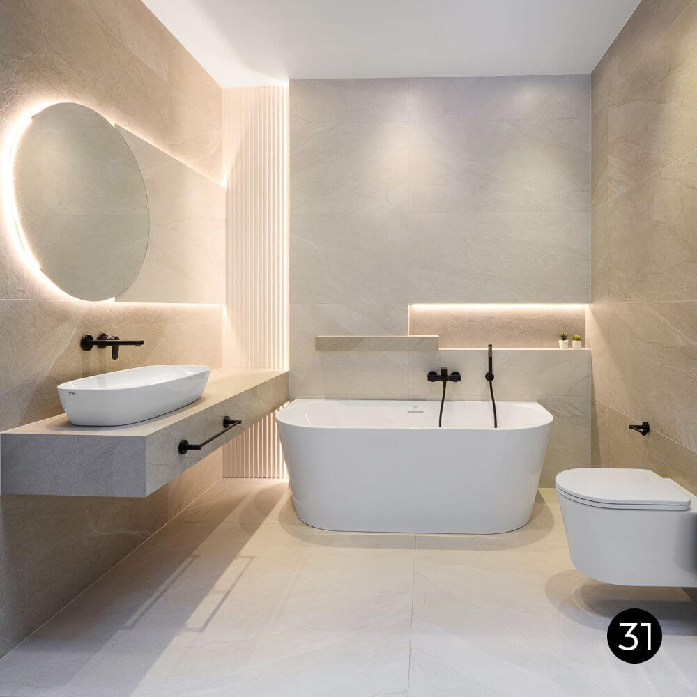 Nowoczesna łazienka w stylu spa z płytkami Halley White i czarną armaturą