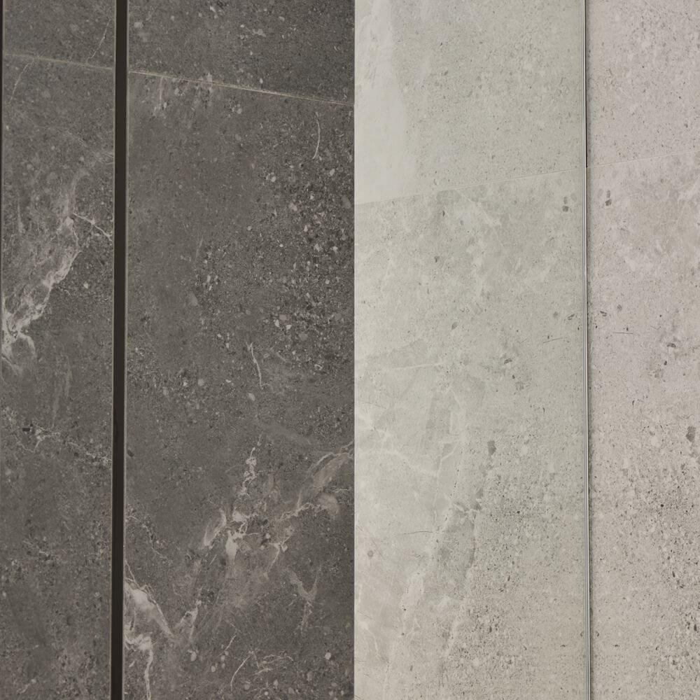 Kontrastowa łazienka z płytkami Estello Grey Mat i zieloną mozaiką