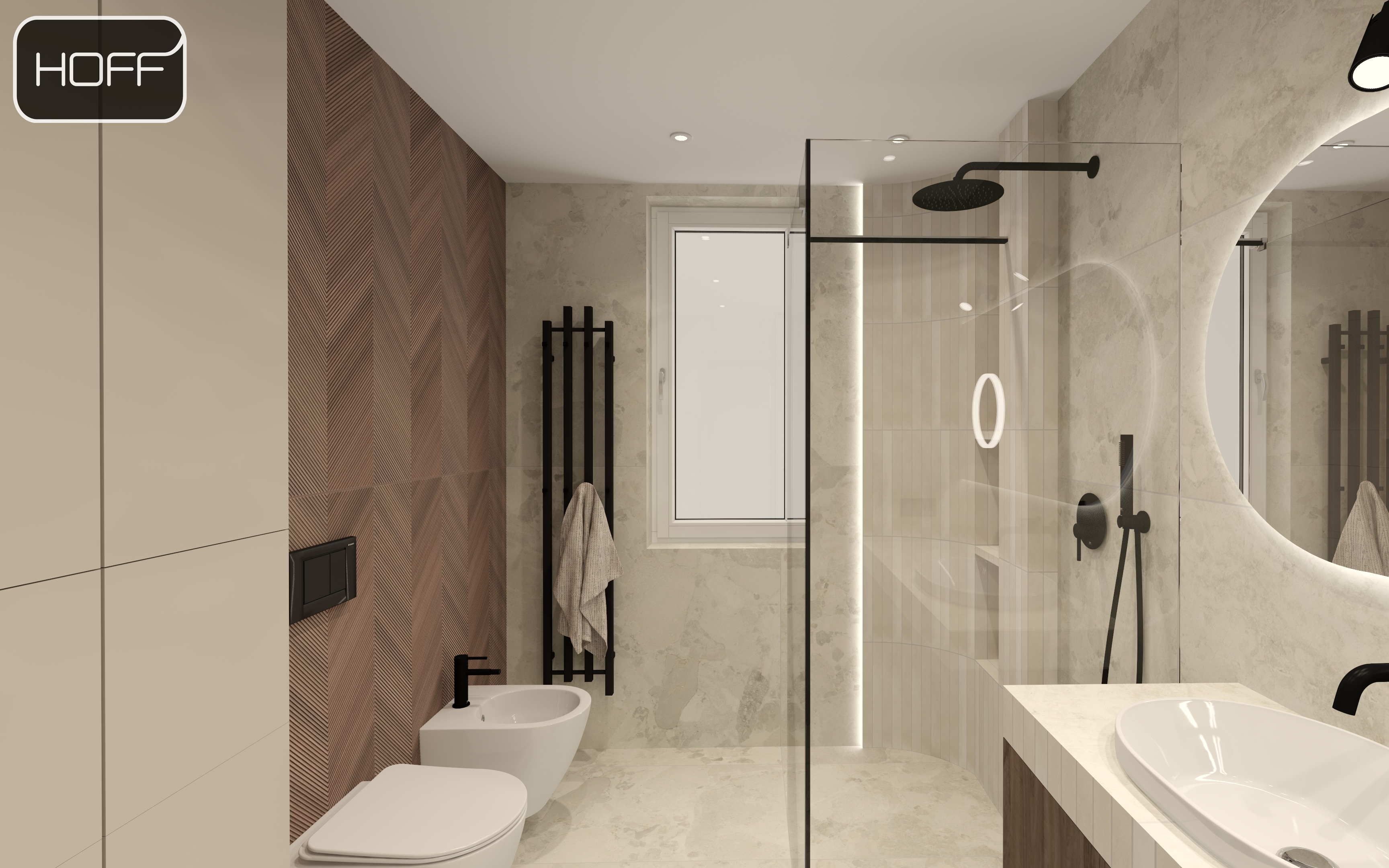 Łazienka z kabiną walk-in i czarnymi detalami